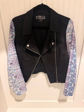 Ali & Kris Black Cropped Moto Jacket with Purple Floral Sleeves